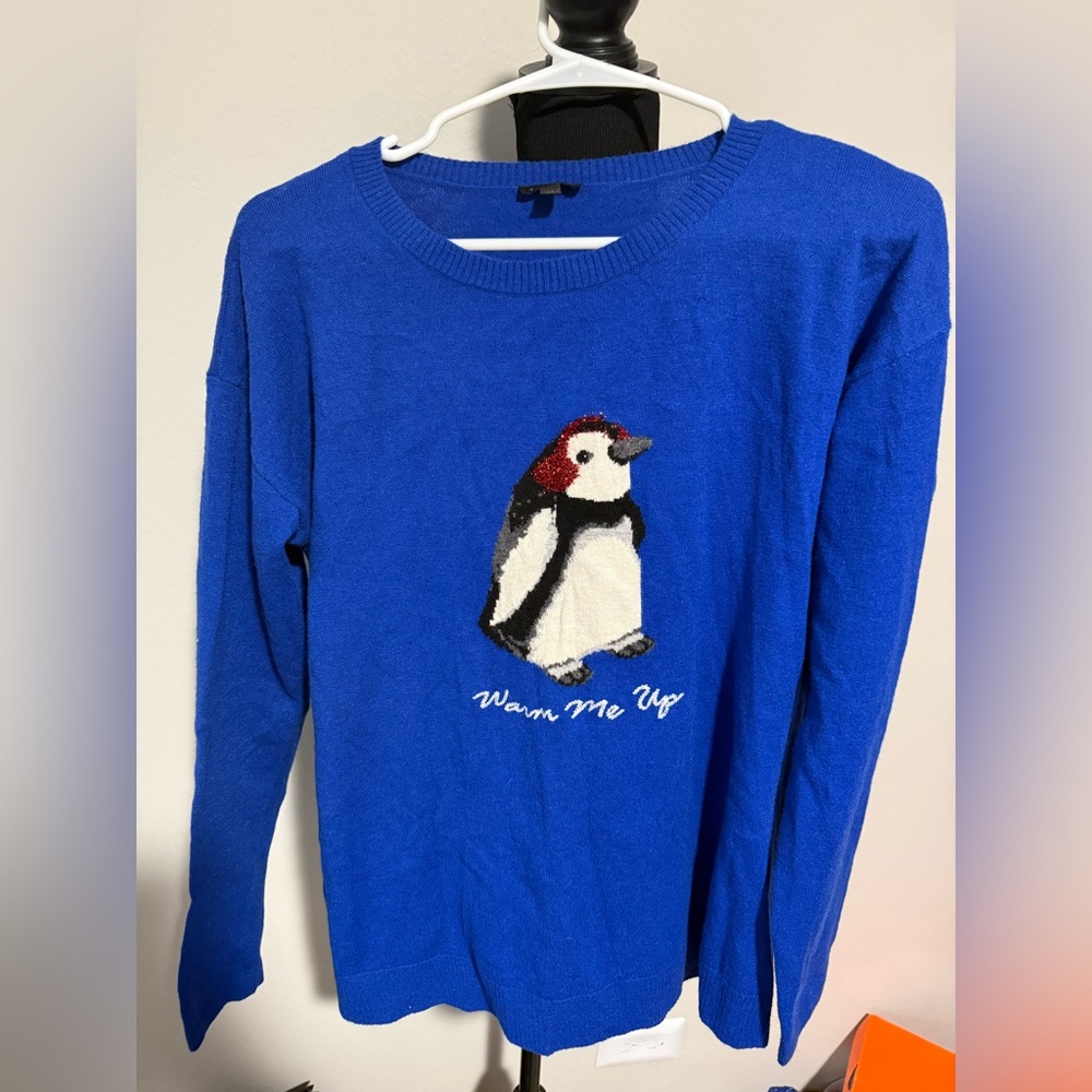 Talbots Blue Penguin Sweater Warm Me Up Winter Graphic Size M